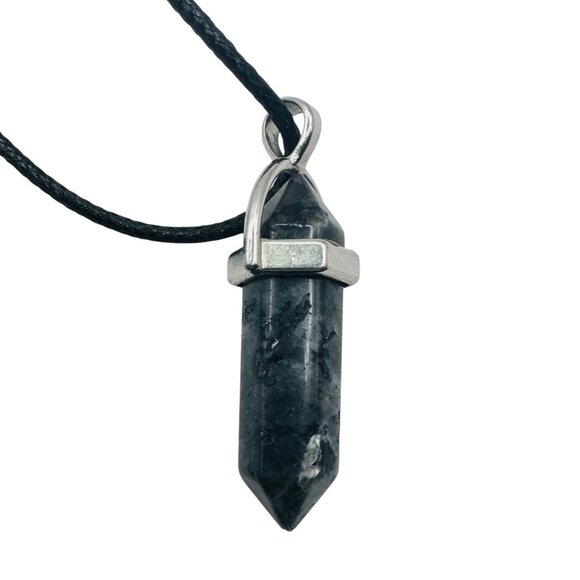 Black Labradorite Pendant Necklace With Adjustable Chain & Faux Leather Cord - Picture 3 of 8